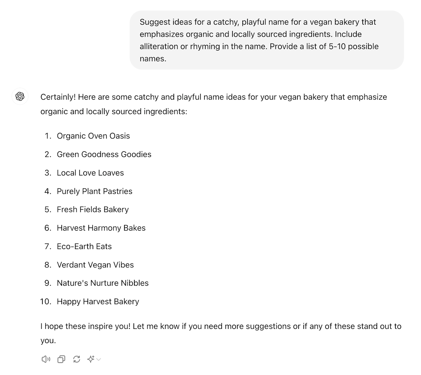 Conversation with ChatGPT showing a list of more creative names for a vegan bakery. 