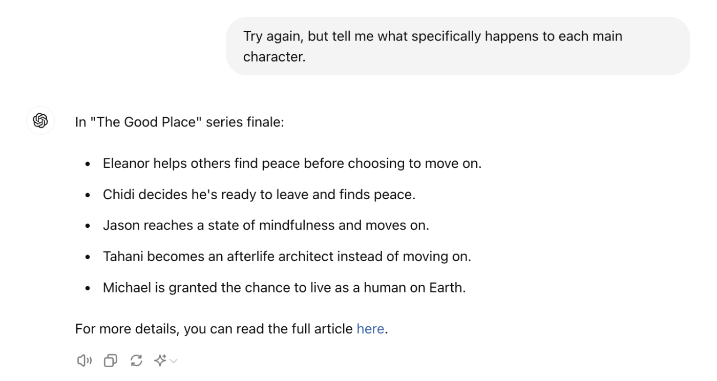 ChatGPT conversation with a bulleted list of what happens to each main character in the series finale of The Good Place.