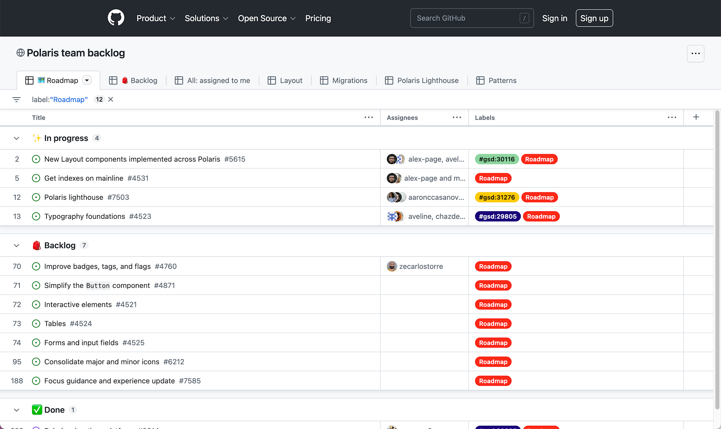 The project board for Polaris, Shopify’s open source design system. 