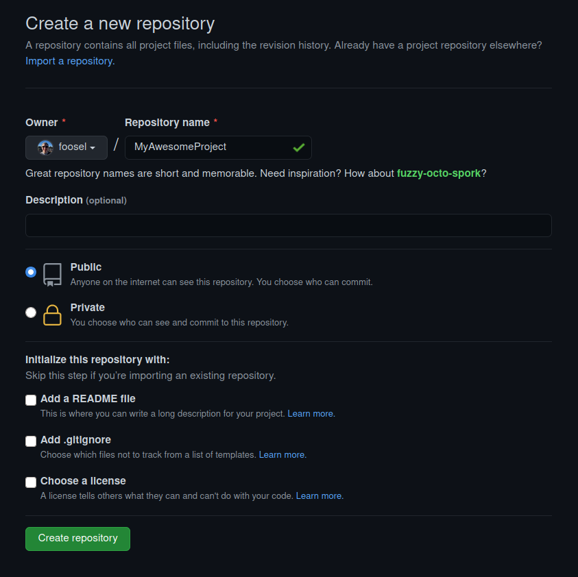 GitHub new repository dialogue