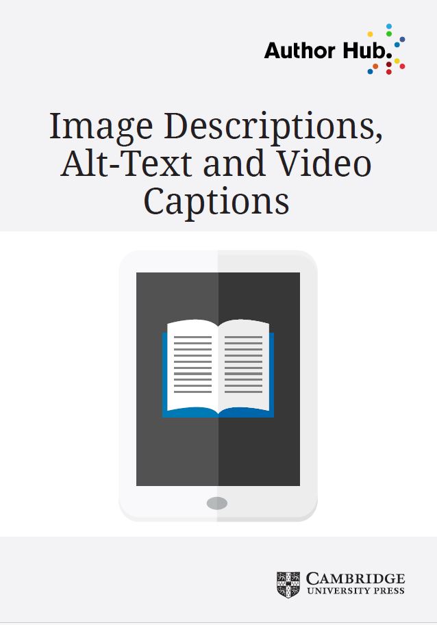 Cover has the text "Image descriptions, alt-text and video captions" and shows a graphic of a book on a tablet screen.