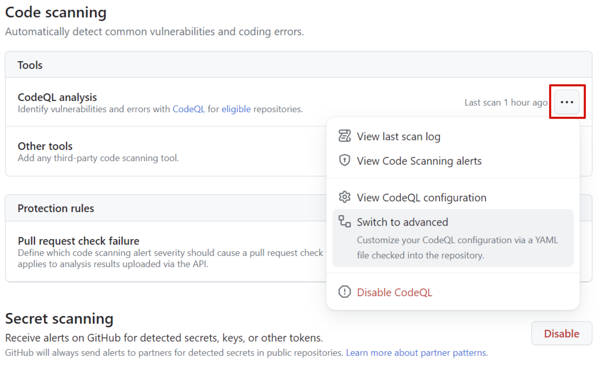 Screenshot of "Switch to advanced" CodeQL configuration dialog