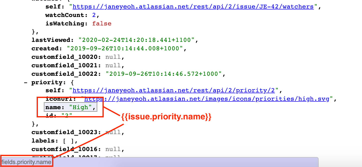 Screenshot of an issue's JSON. The dot notation "fields.priority.name" is highlighted to show its position in the footer.