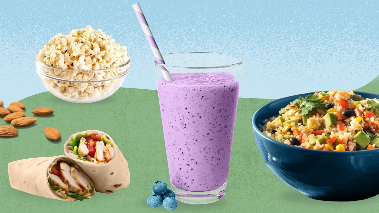 almonds, popcorn, chicken wrap, smoothie, black bean quinoa bowl sample menu