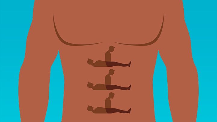 illustration of man with six pack abs made of men exercising 