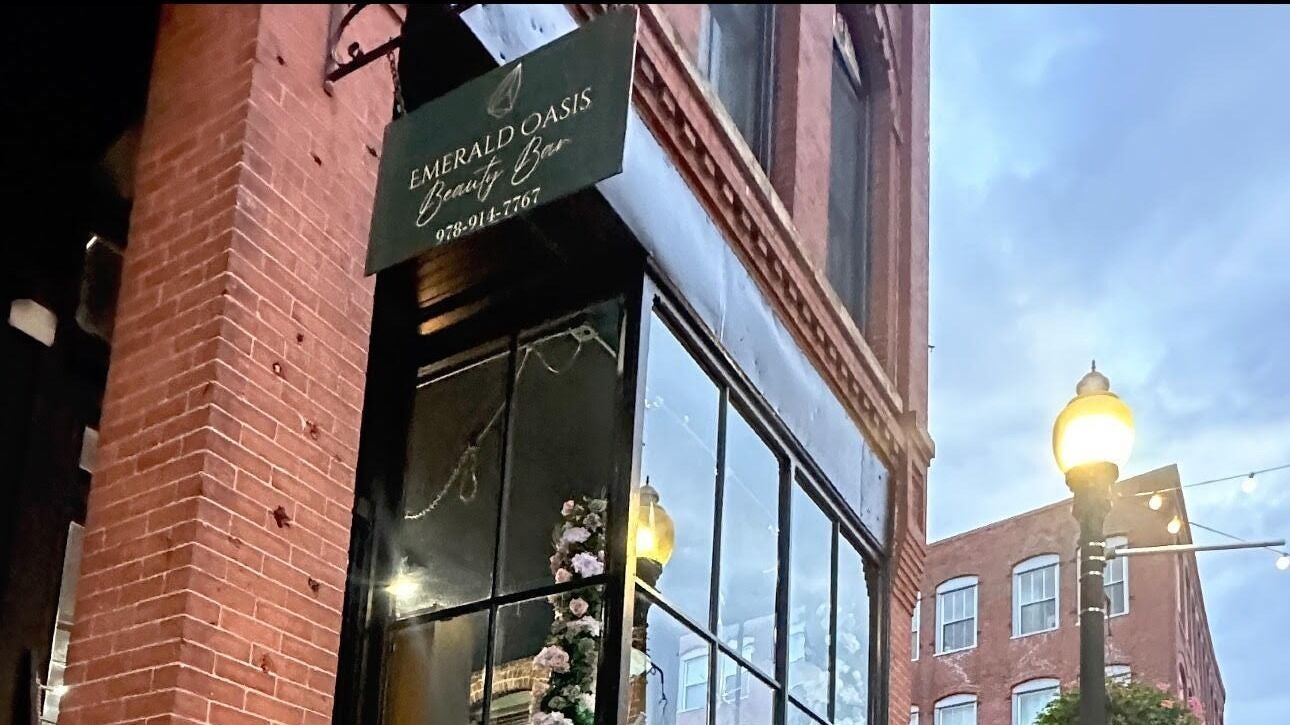 Street view of Emerald Oasis Beauty Bar facade in Haverhill, Massachusetts, US, showcasing its elegant exterior.