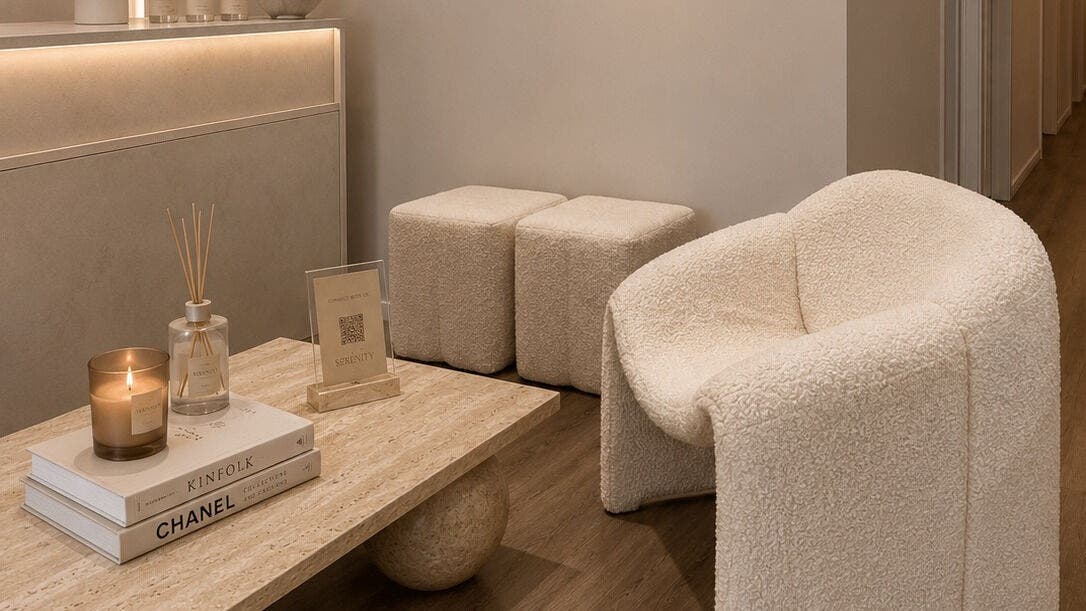 Stylish waiting area at Serènity Aesthetics, Melbourne, Victoria, AU, featuring cozy seating and ambient lighting.