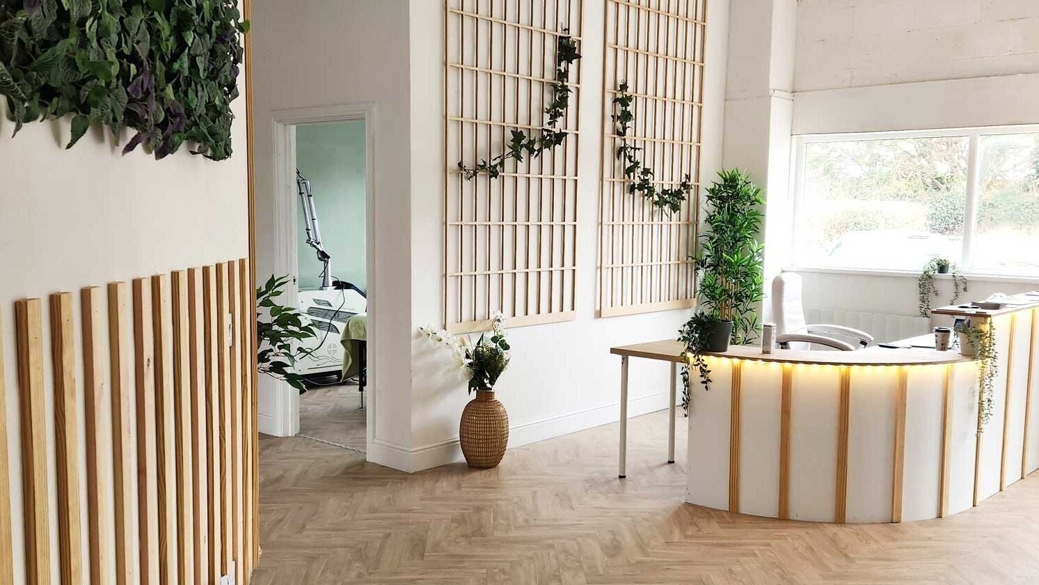 Modern reception area at Changing Faces PMU @ Pebblebrook Clinic, Newton Poppleford, England, GB.