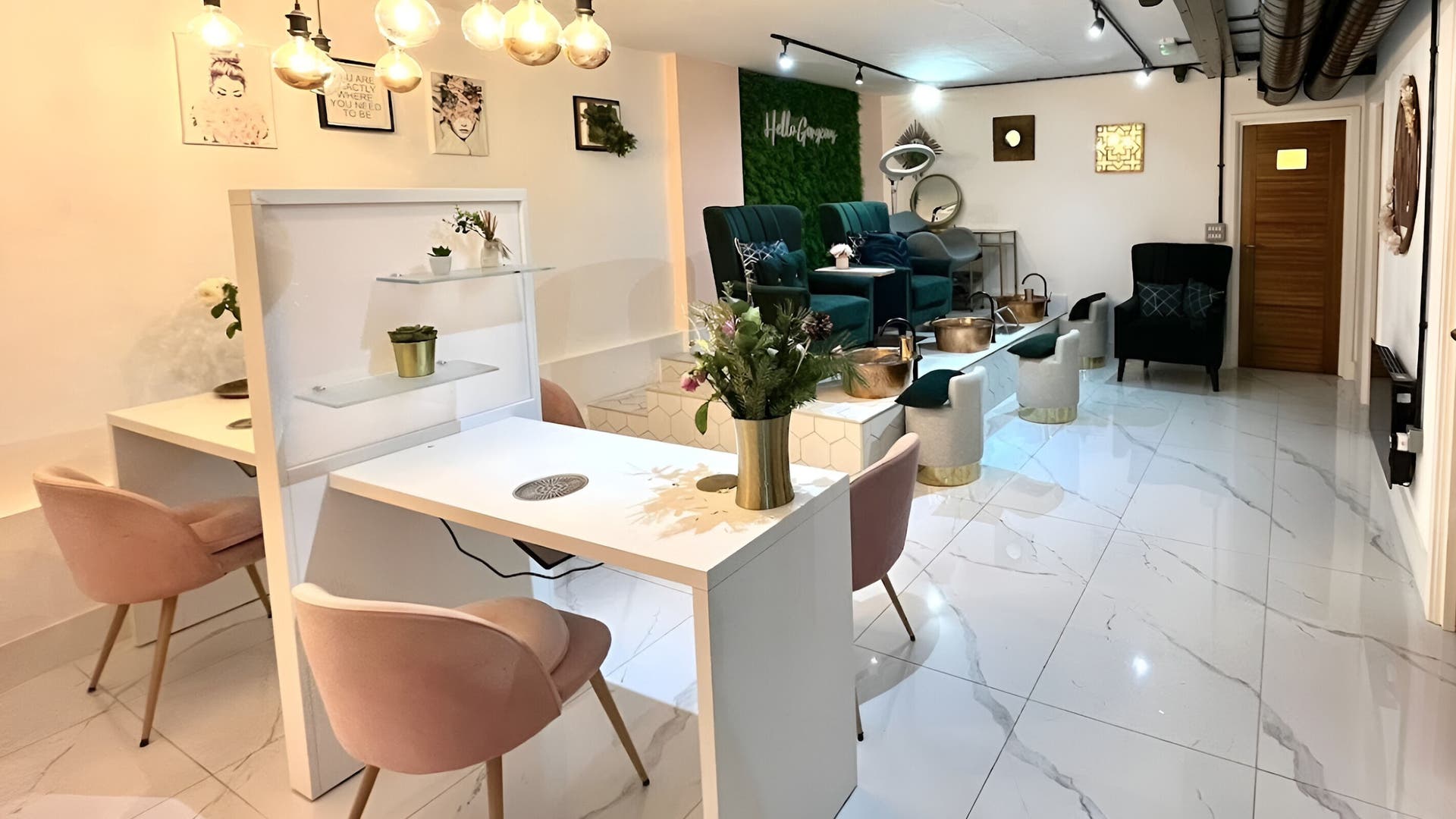 Modern interior of Esthetique Headspa Fulham Broadway in Hair Bian, London, showing elegant salon seating.