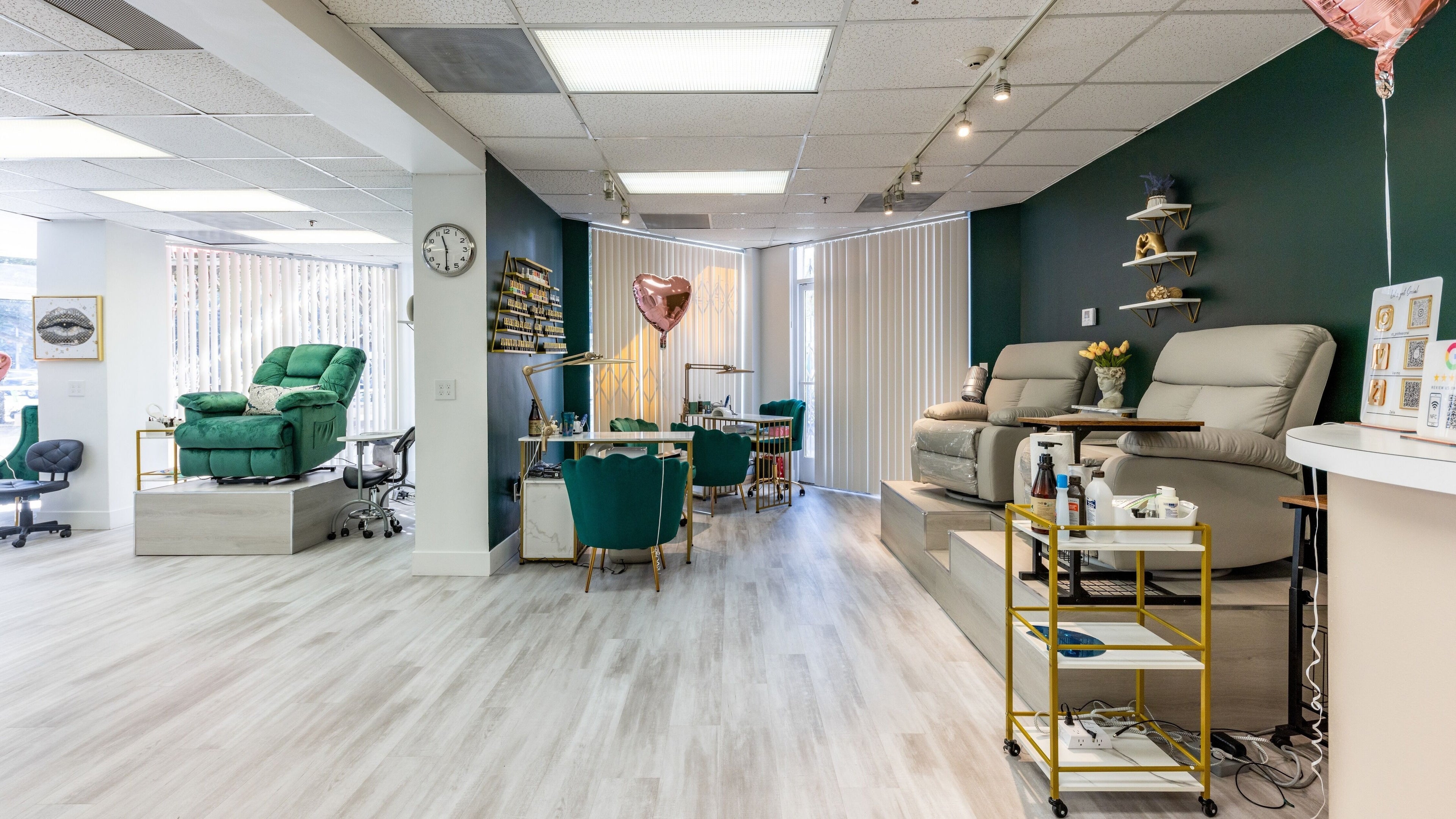 Elegant beauty salon interior at Yb Professional Downtown LA, Los Angeles, California, US, featuring plush seating.