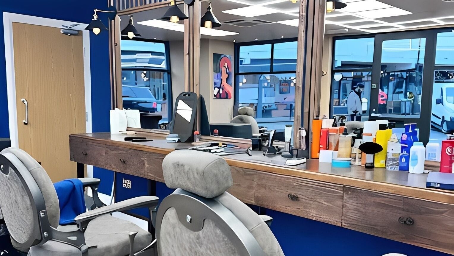Modern interior of Miss Bramhall Barber Shop in Bramhall, England, GB with stylish chairs and grooming products.