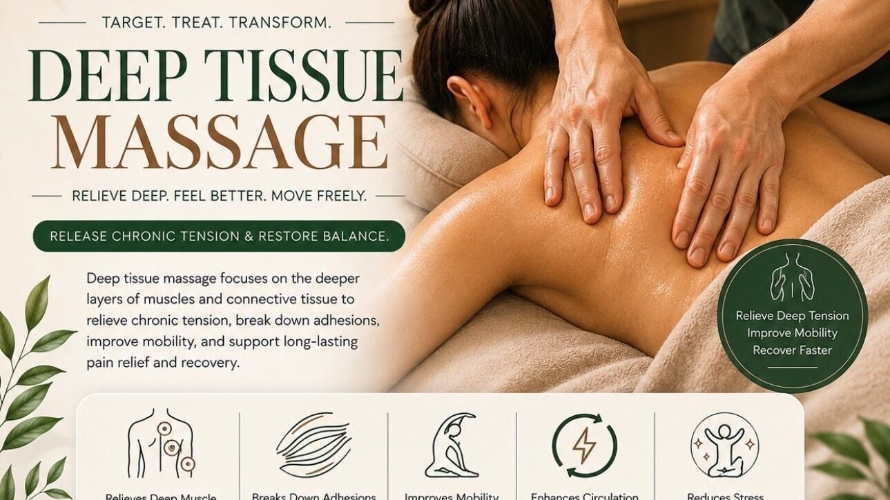 Deep tissue massage at Muscle Relief, Narre Warren South, Victoria, AU, depicting relaxation benefits.