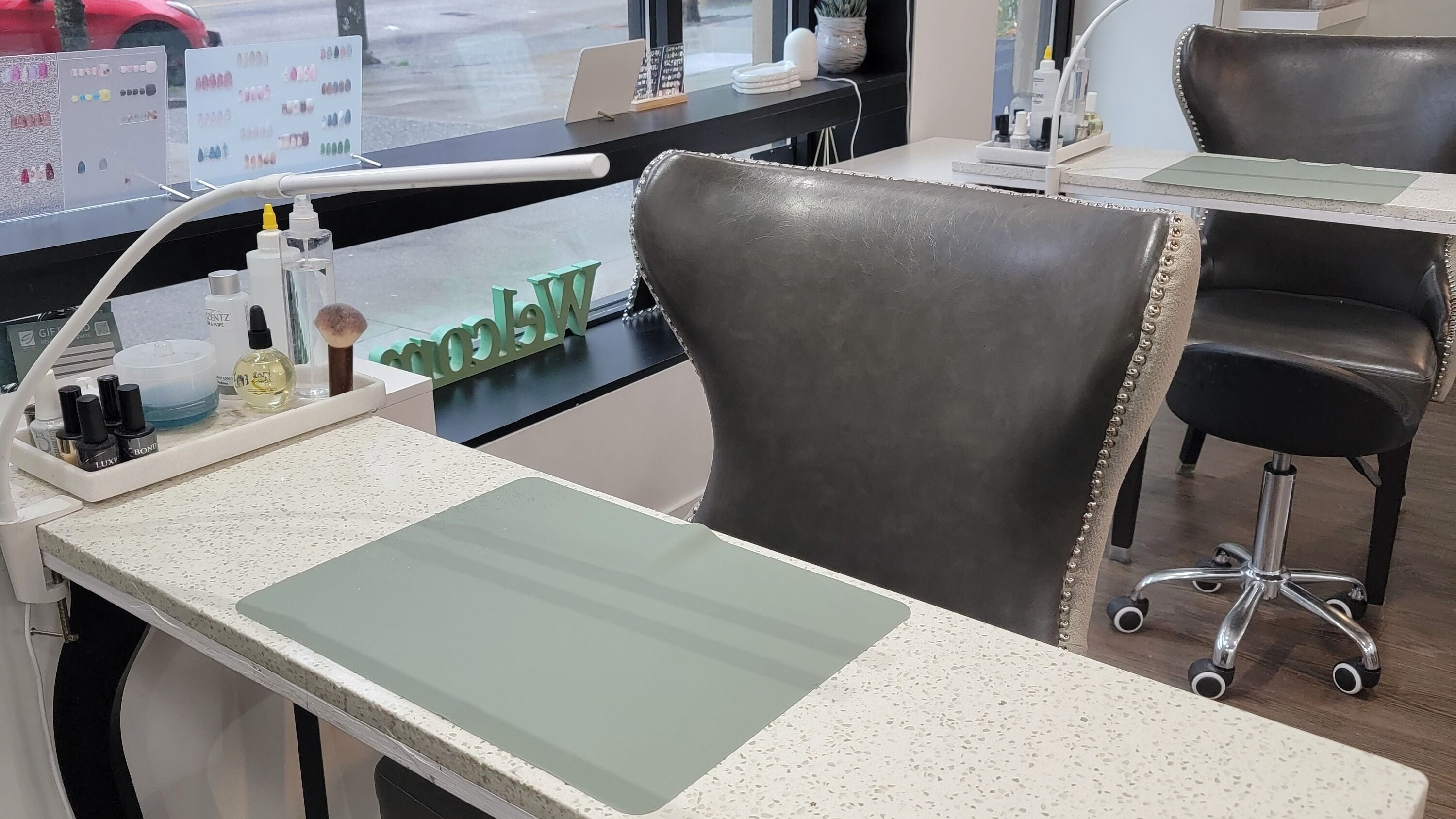 Elegant nail station setup at Formation Beauty Lounge, Vancouver, British Columbia, CA, showcasing a stylish manicure area.
