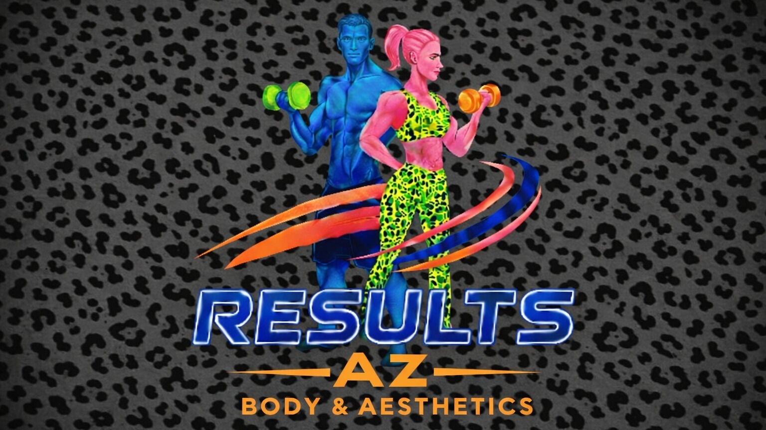 Vibrant duo in neon activewear with dumbbells representing Results-AZ in Chandler, Arizona, US on distinct leopard background.