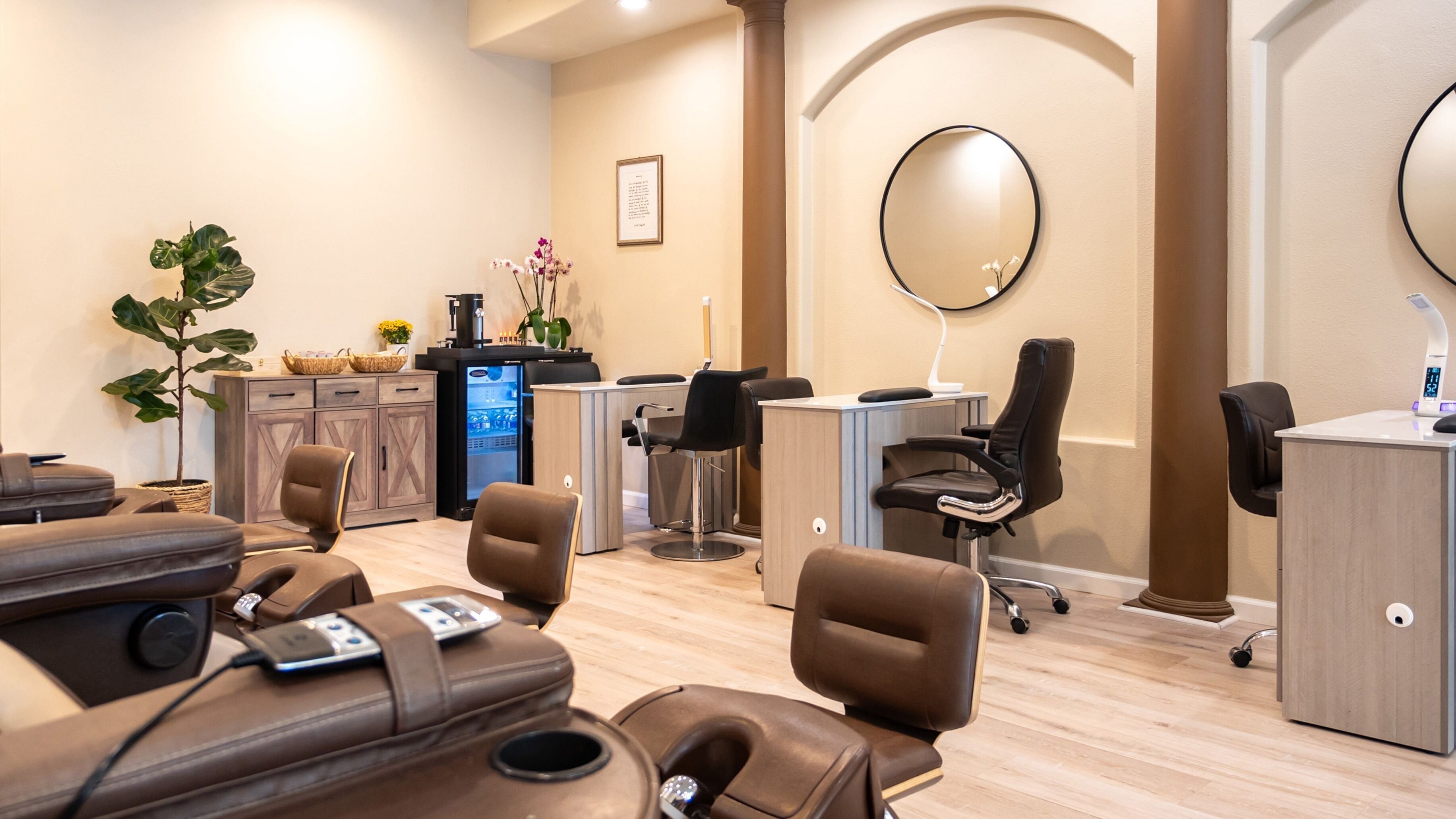 Chic interior of Nirvana Nails Studio, Studio City, California, offering luxurious wellness ambiance.