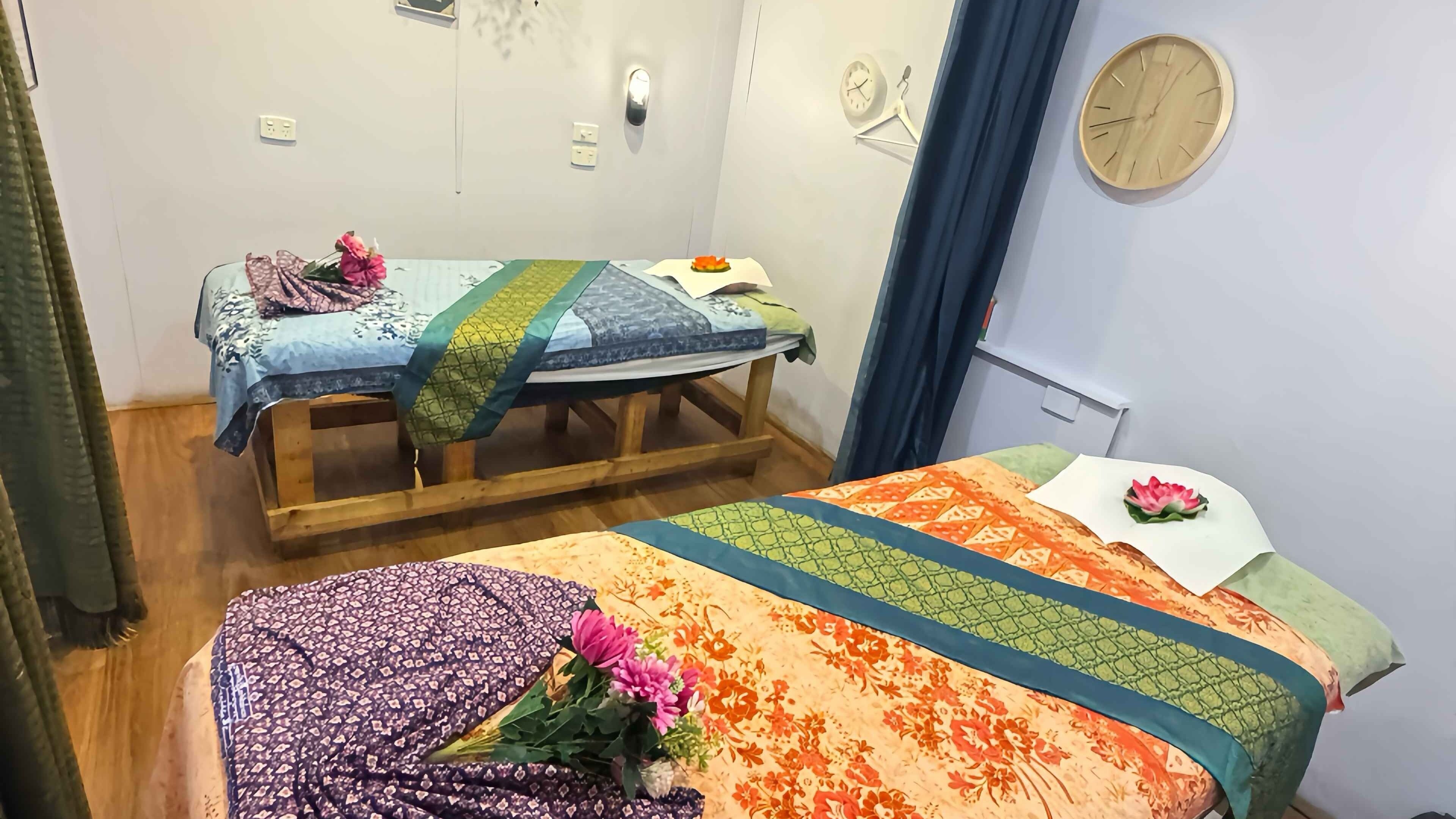 Cozy massage room at Rom Pho Thai Massage, Woodville Gardens, South Australia, AU with colorful decor.
