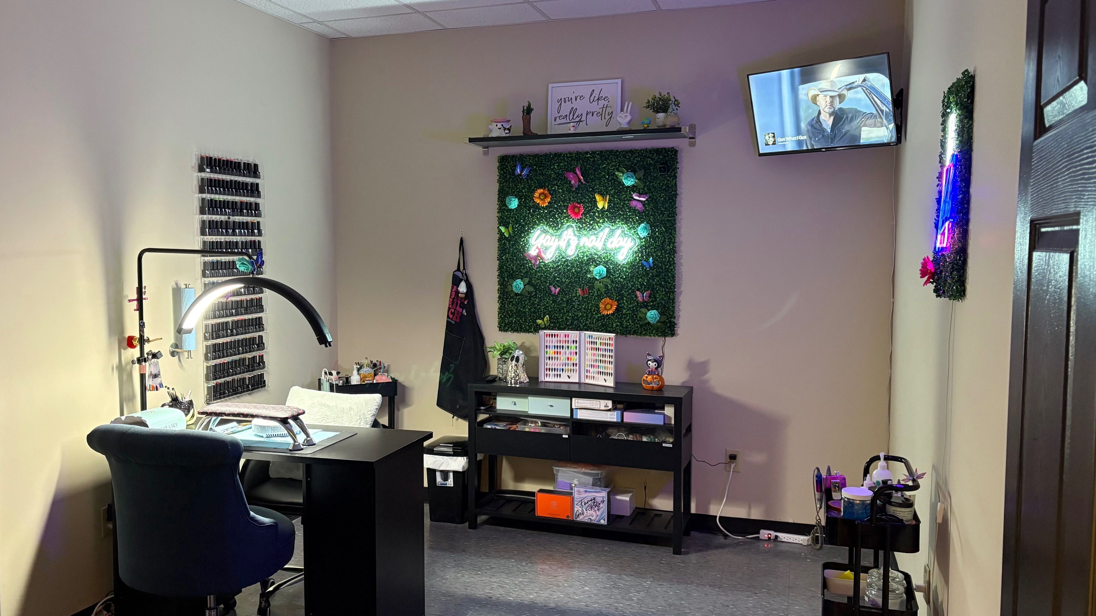 Modern nail salon setup at The Modern Beauty Lounge, LLC, Inman, South Carolina, US with vibrant décor.