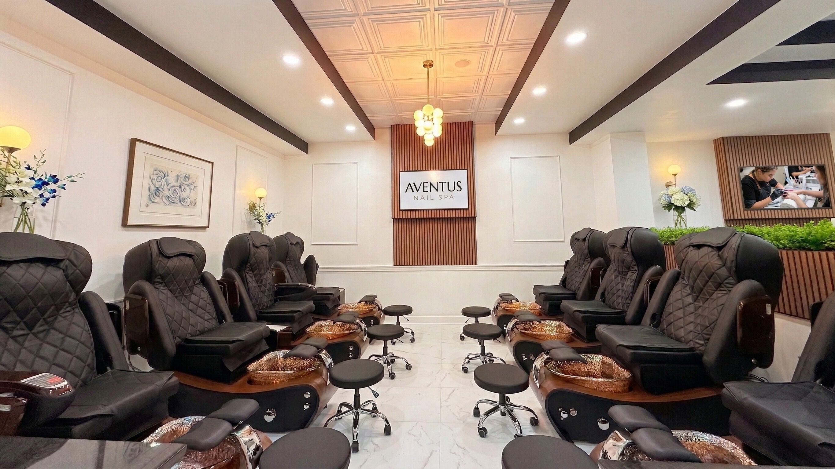 Elegant pedicure chairs at Aventus Nail Spa in Lewis Center, Ohio, US offer a luxurious and relaxing experience.
