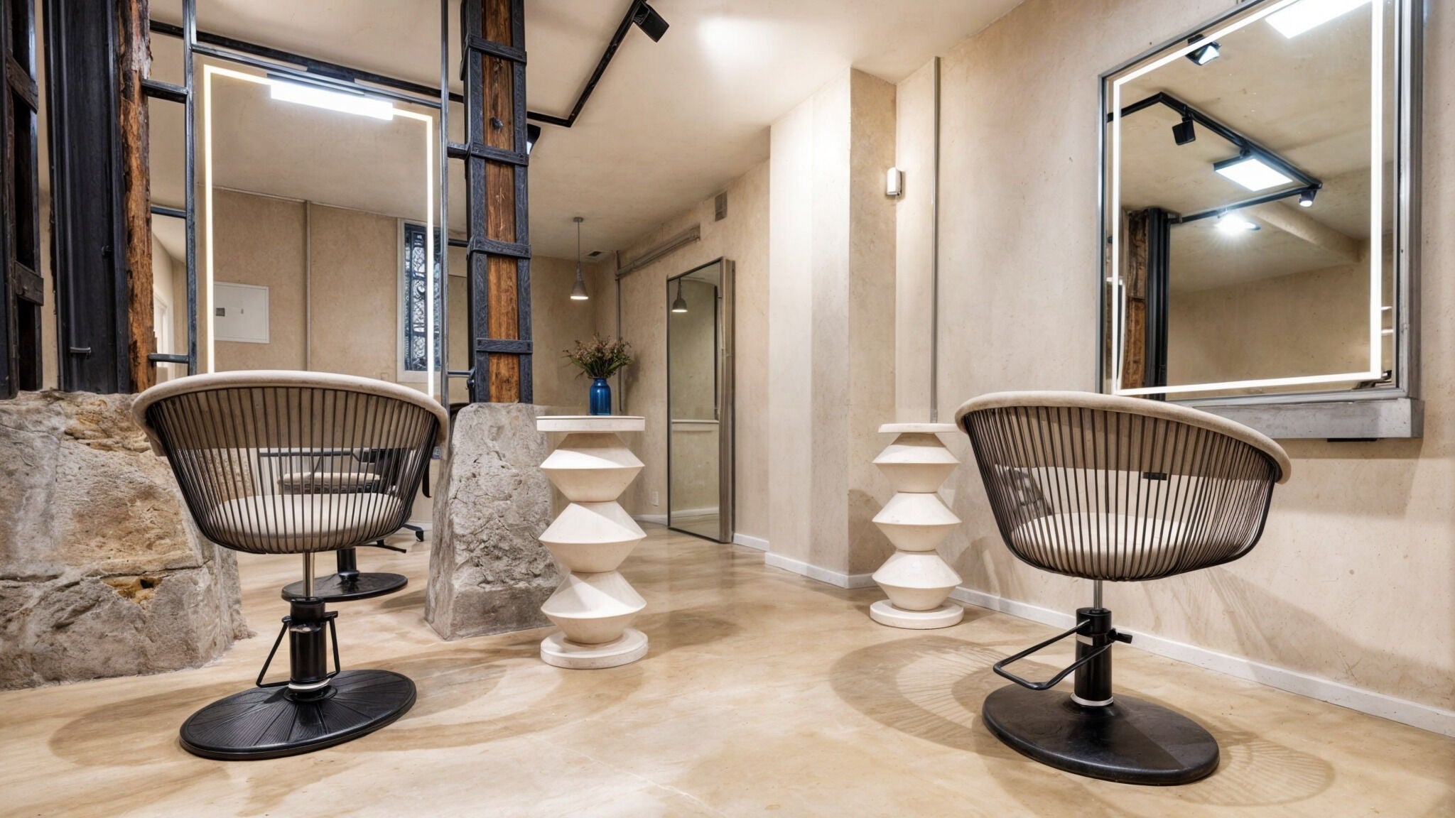 Interior moderno de ATICA Salón en Madrid, Comunidad De Madrid, ES, con sillas elegantes y espejo iluminado.
