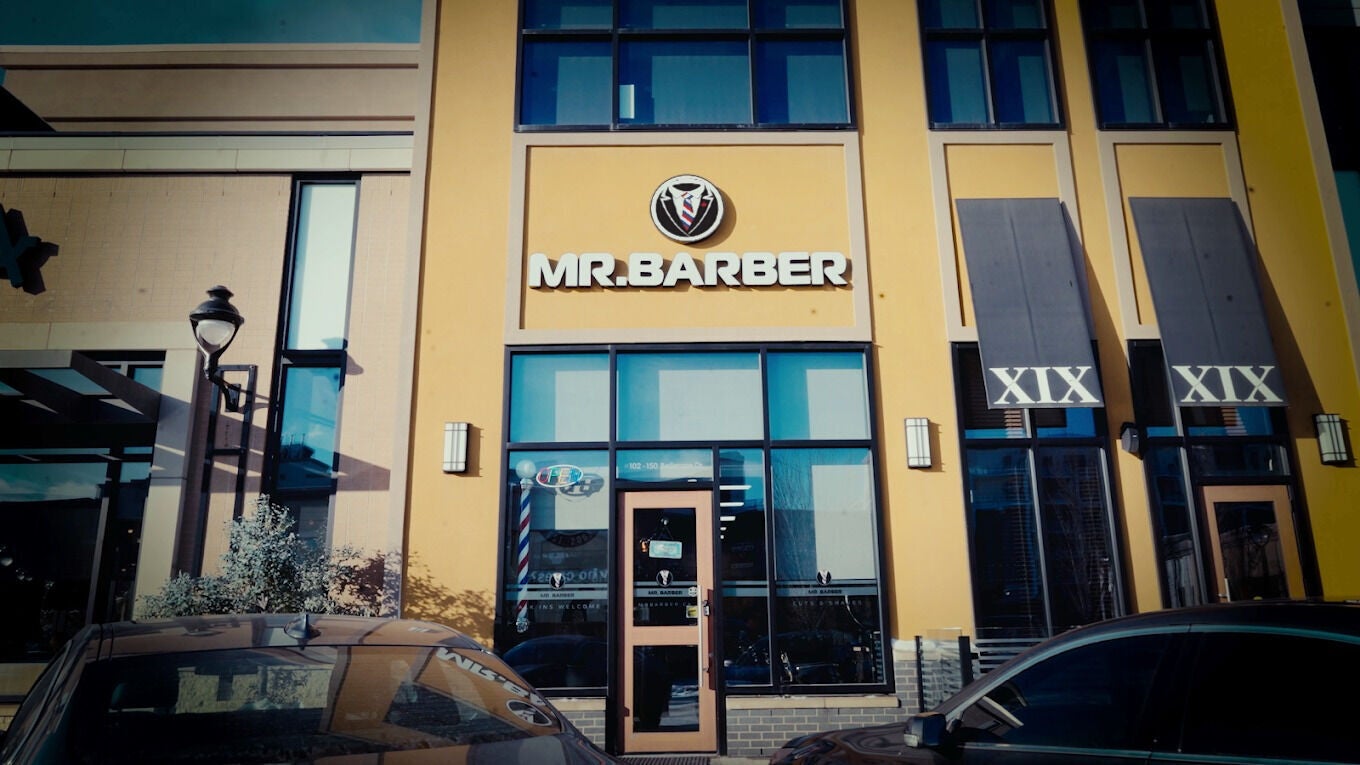 Exterior of Mr. Barber St. Albert showcasing modern design in St. Albert, Alberta, CA.