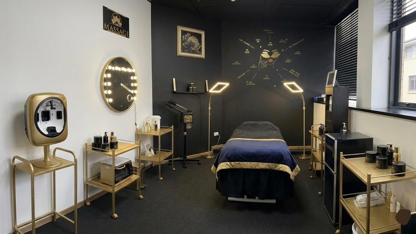 Luxurious massage room at Crimson Beauty, Auckland, NZ with elegant gold and black decor.