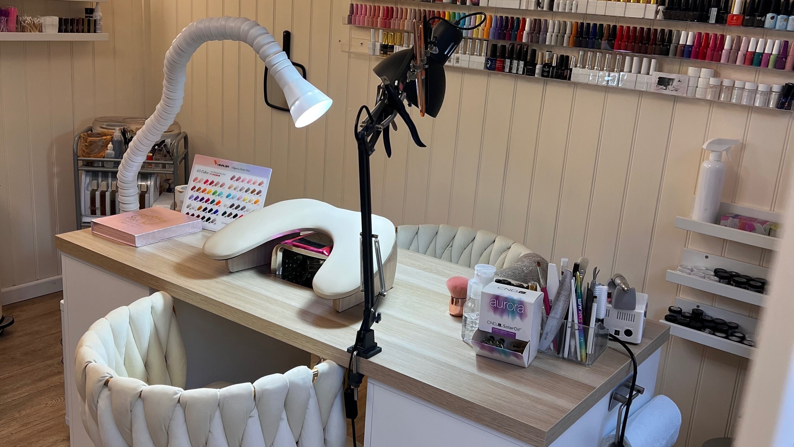 Elegant nail station at The Nail File, with manicure tools in Wilmslow, England, GB.
