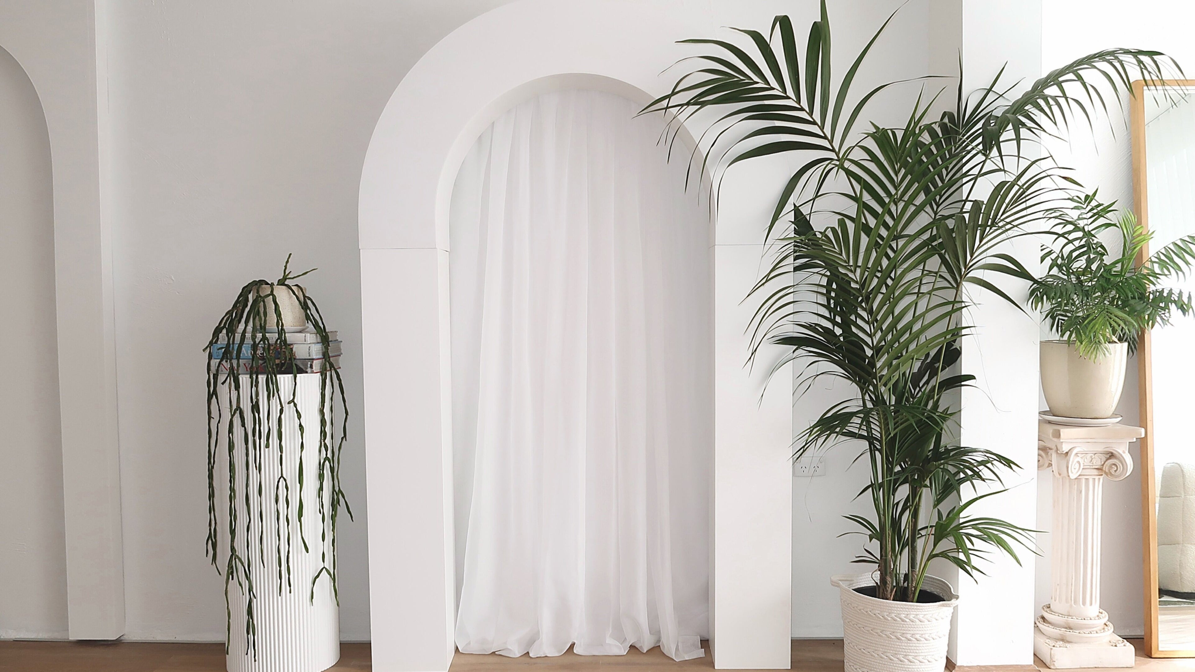 Serene plant decor at DUO Studio in Melbourne, Victoria, AU, showcasing lush greenery against white arches.