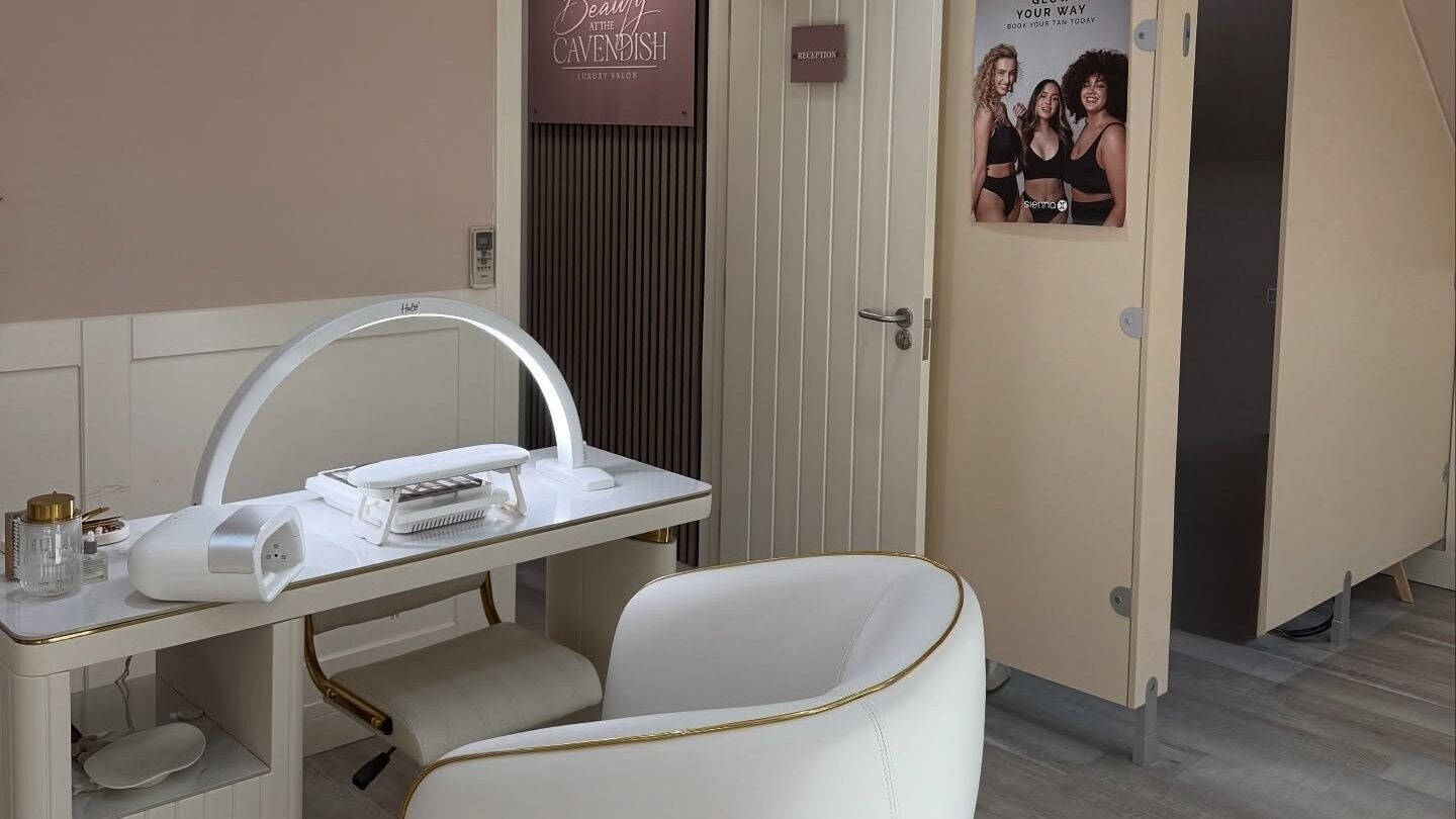 Modern nail station at Beauty At The Cavendish, Bearsted, England, GB. Elegant decor with well-lit workspace.