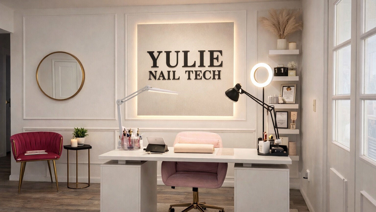 Mesa de manicura en Yulie Studio, Tempe, Arizona, US, decorada con lámparas y silla moderna.