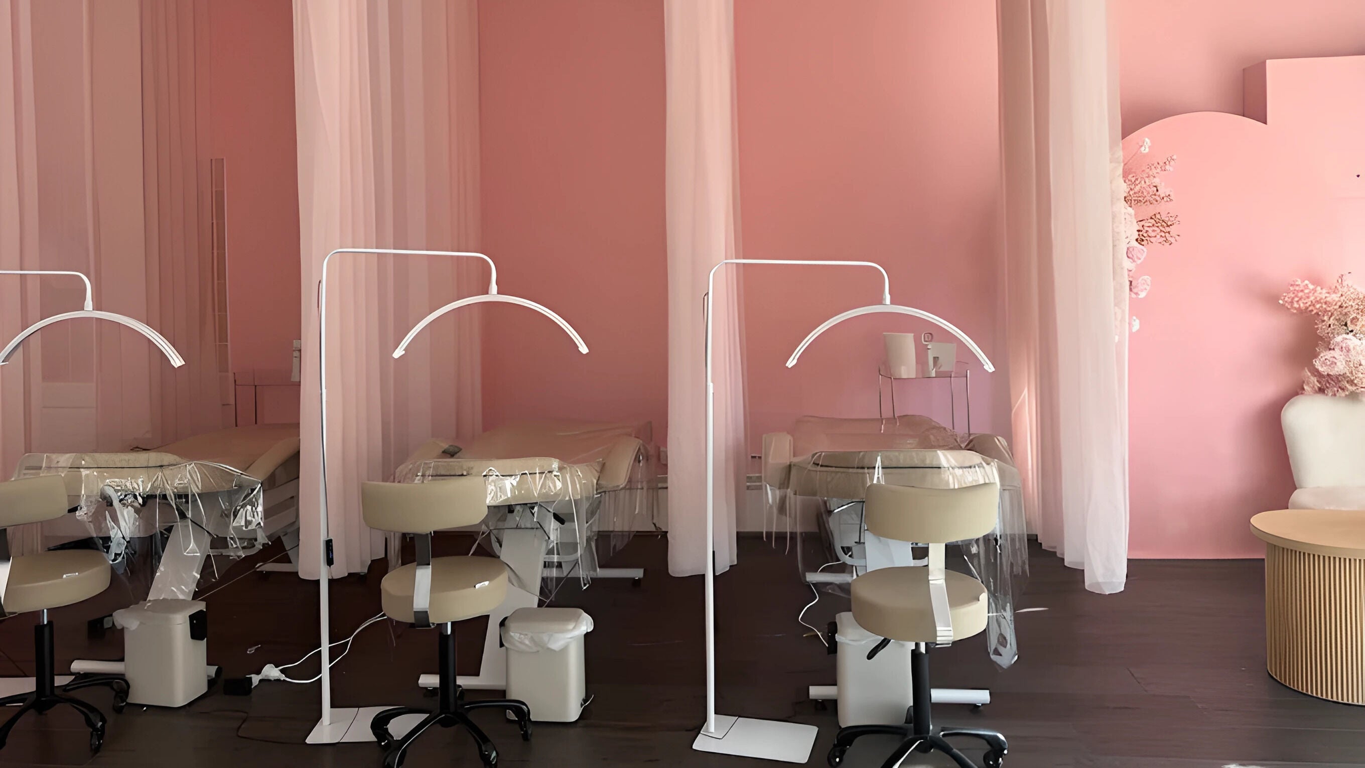 Serene treatment area at Ria Makeup And Beauty, Melbourne, Victoria, AU. Soft pink decor and elegant setup.