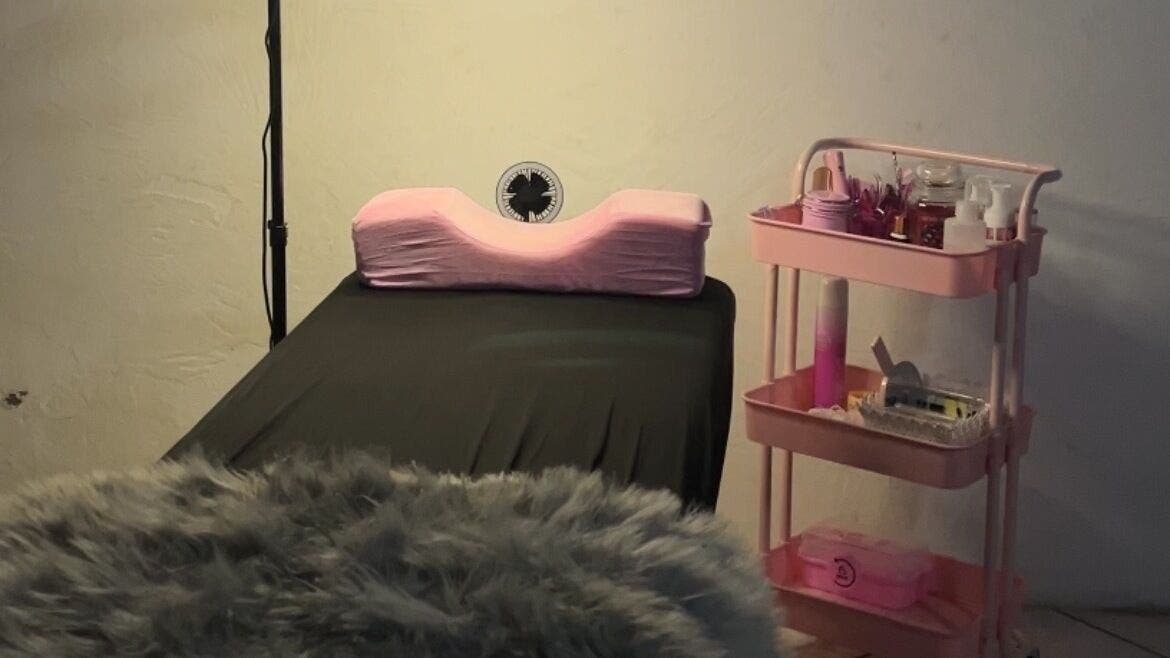 Lash treatment area at Whimsical Lashes, Alberton, Gauteng, ZA with comfy bed and pink trolley.