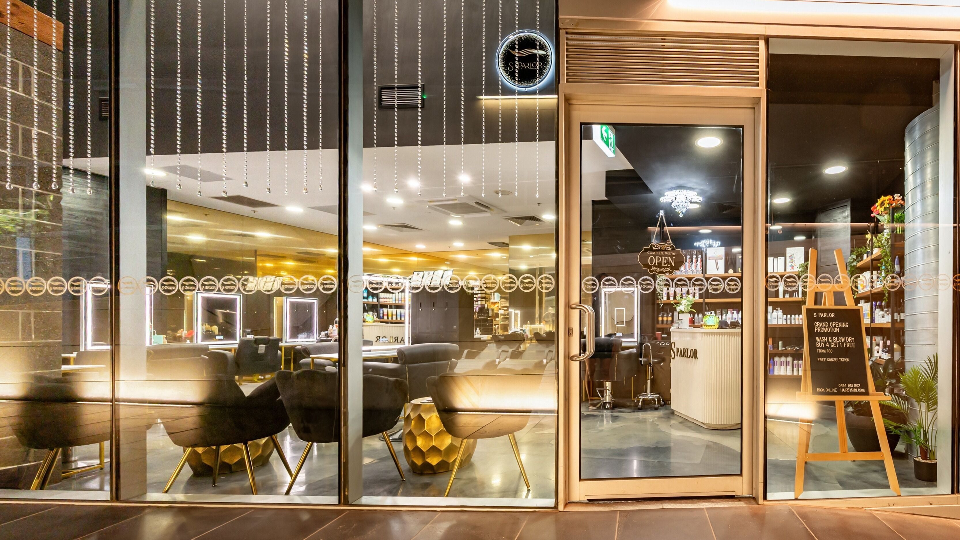 S PARLOR HAIR entrance with elegant decor in Melbourne, Victoria, AU, welcoming clients for beauty treatments.