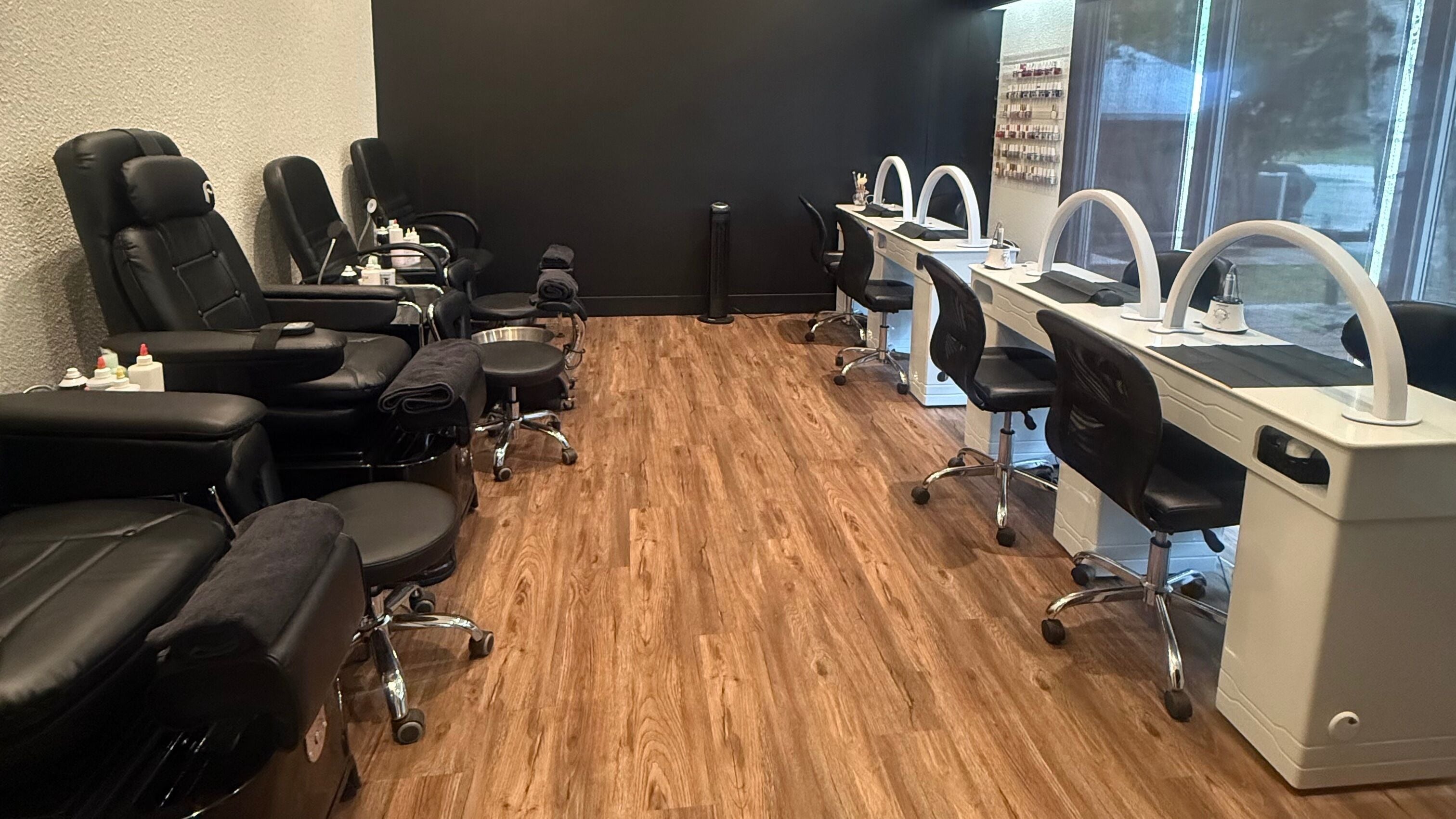 Chic nail and pedicure stations at Beauty Basics by Amy, Minden, Ontario, CA ready for relaxation.