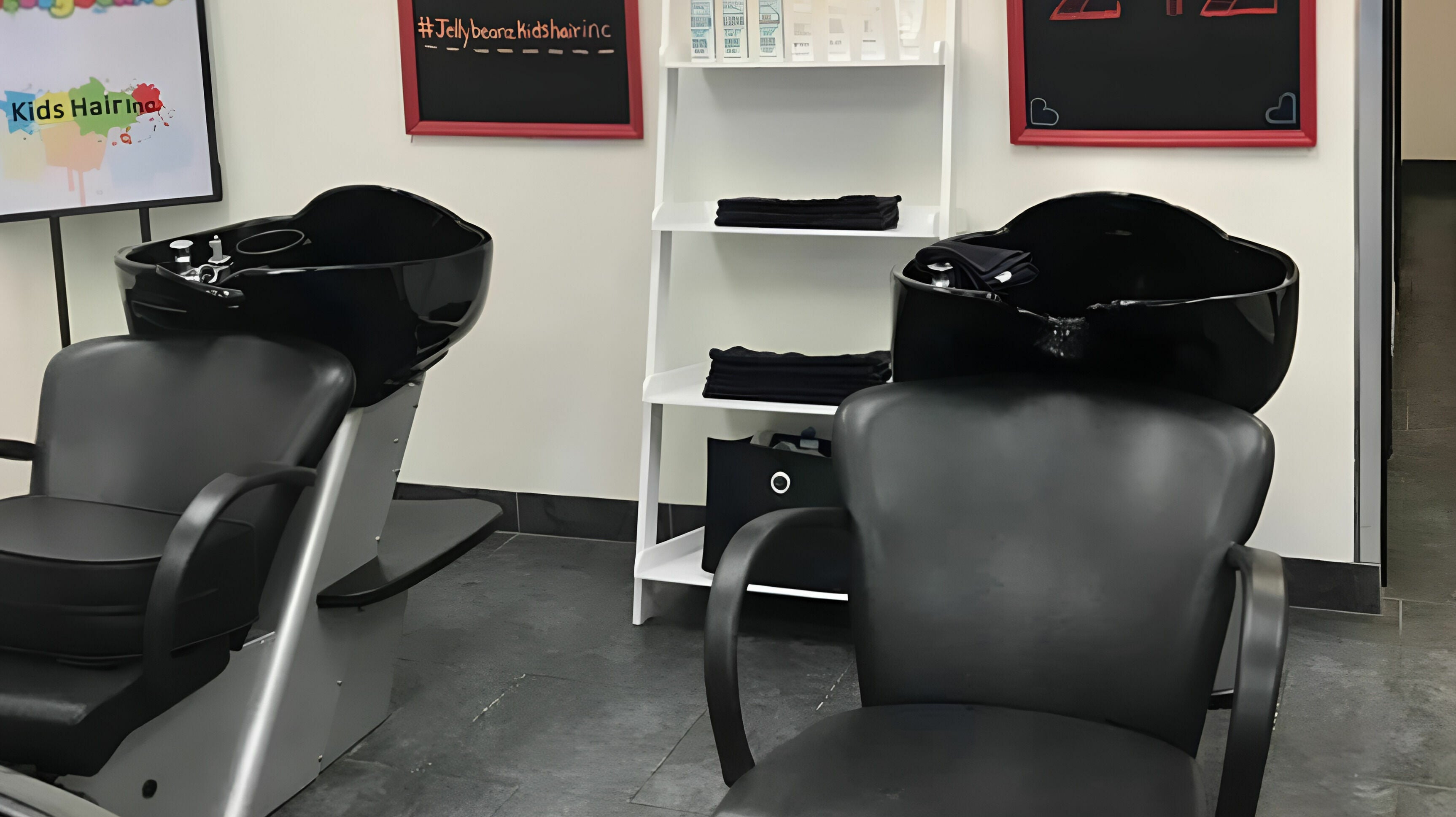 Modern salon chairs at Jellybeanz Kids Hair Inc, Spruce Grove, Alberta, CA, showcasing a sleek design.