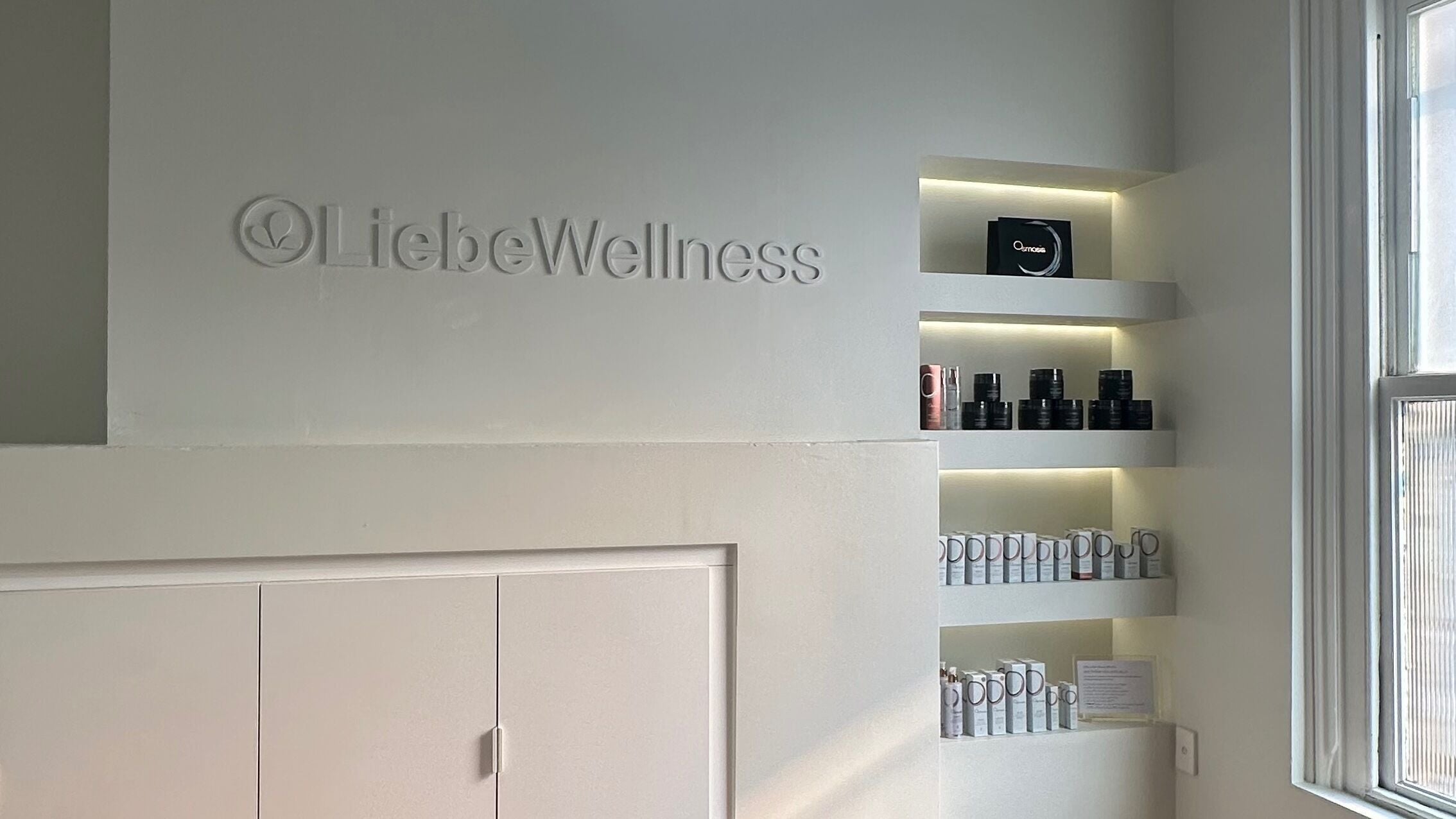 Shelves with beauty products at S KIN CO Liebe Wellness - Mornington, Mornington, Victoria, AU.