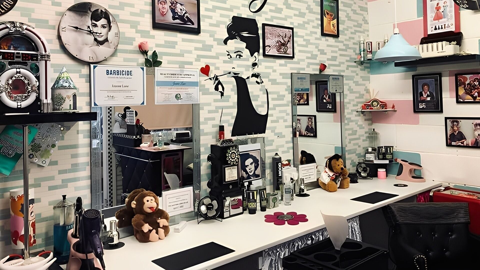 Chic Audrey Hepburn-themed decor at Betty's Hair Salon, Morecambe, England, GB.