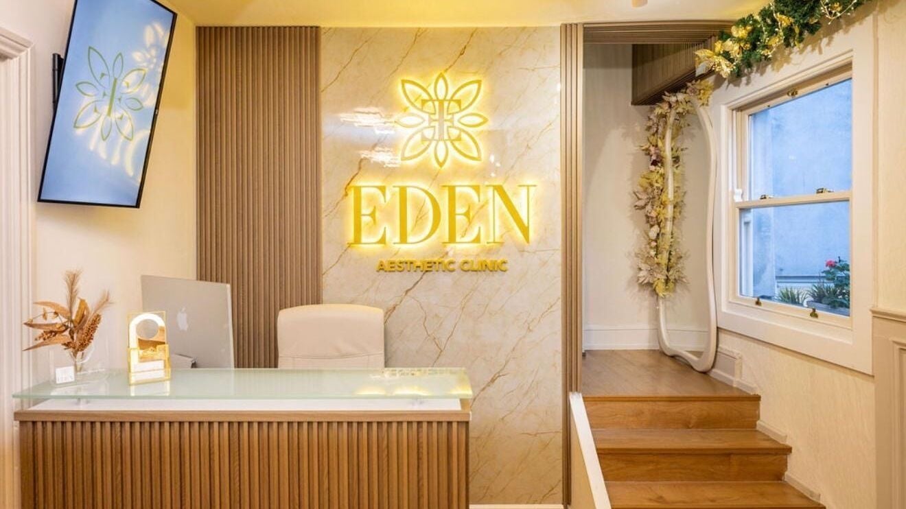 Reception area of Eden Aesthetic & Laser, Dublin, showcasing elegant decor and welcoming atmosphere.