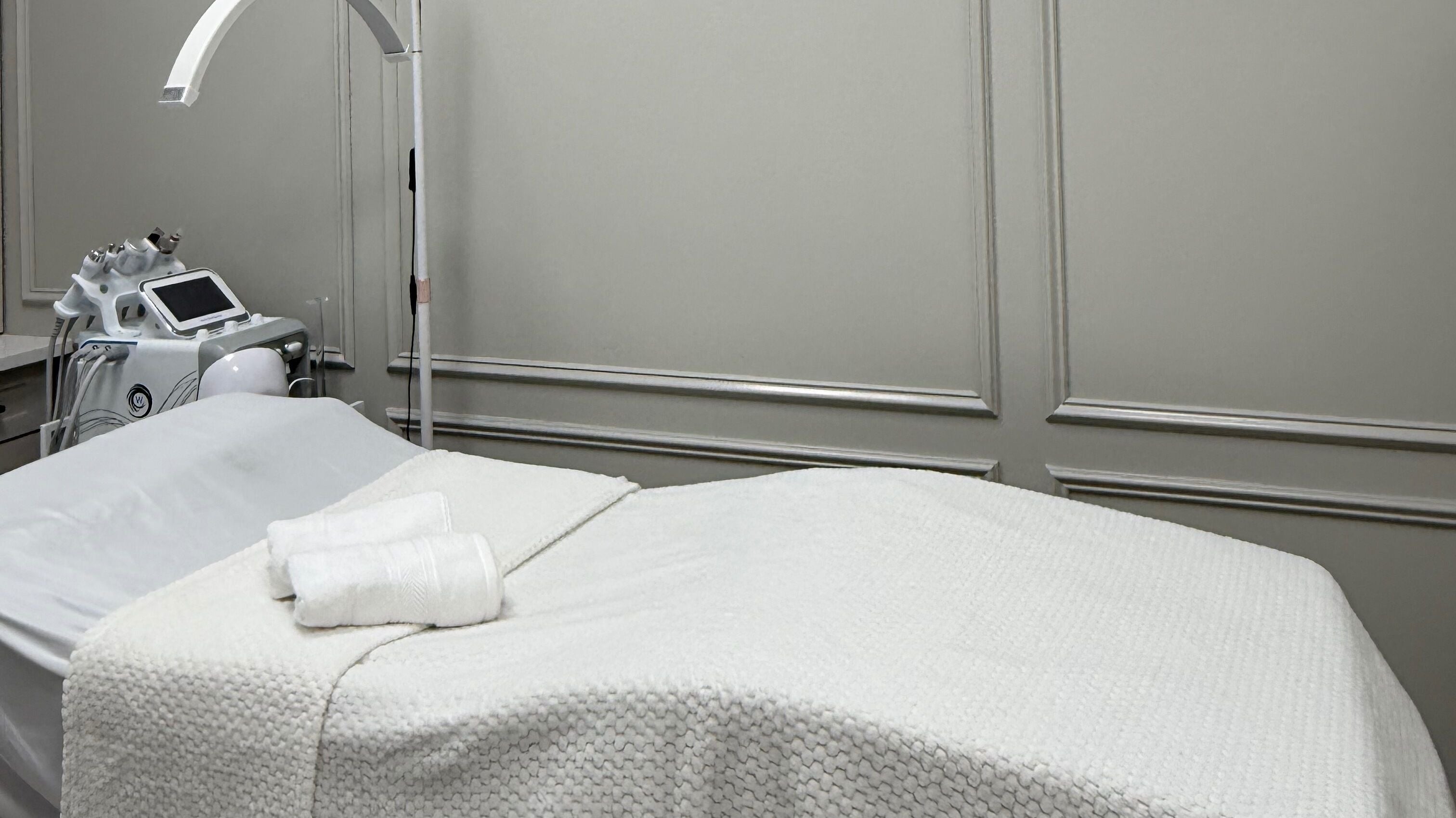 Relaxing treatment room at Fragata Beauty & Wellness Studio, Warrenville, Illinois, US with modern equipment.