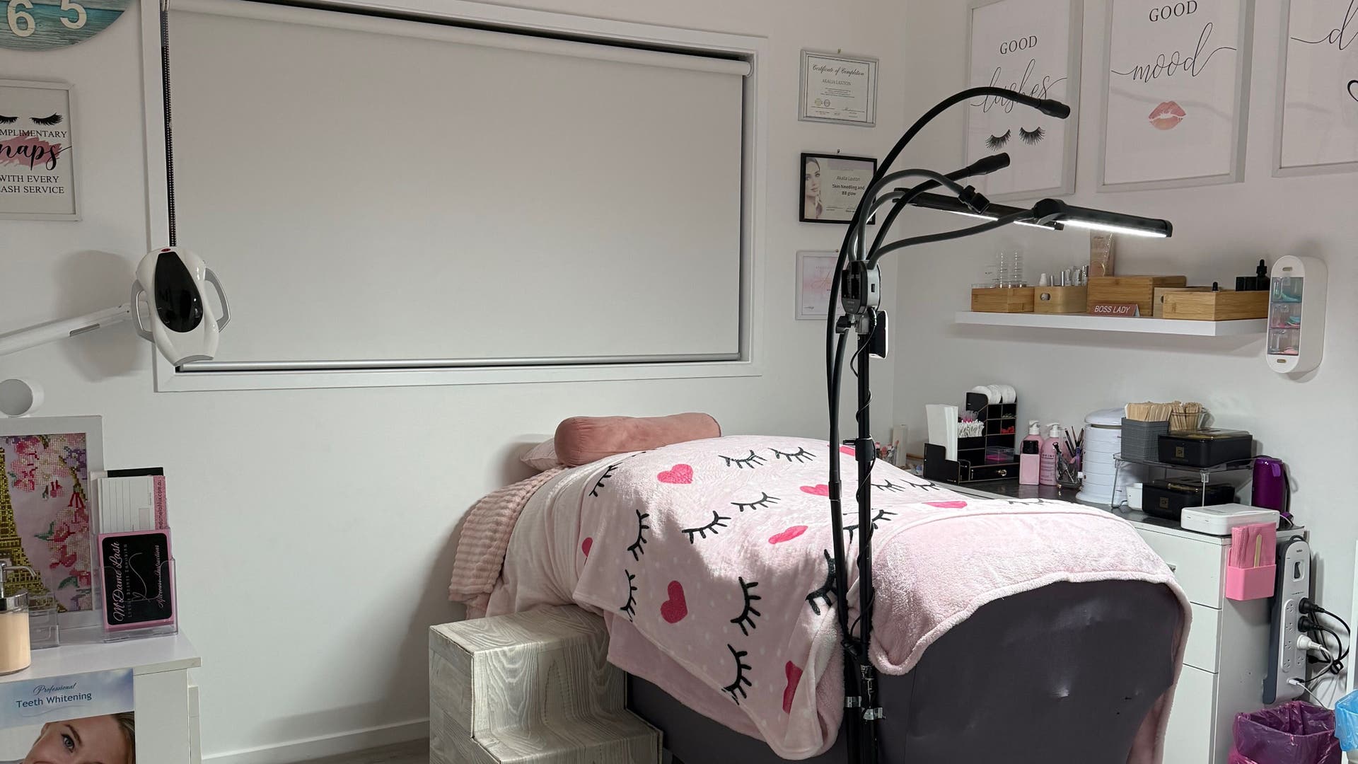 Elegant lash treatment room at M’Dame Lash Luxury Beauty Emporium in Walloon, Queensland, AU, exuding comfort and style.