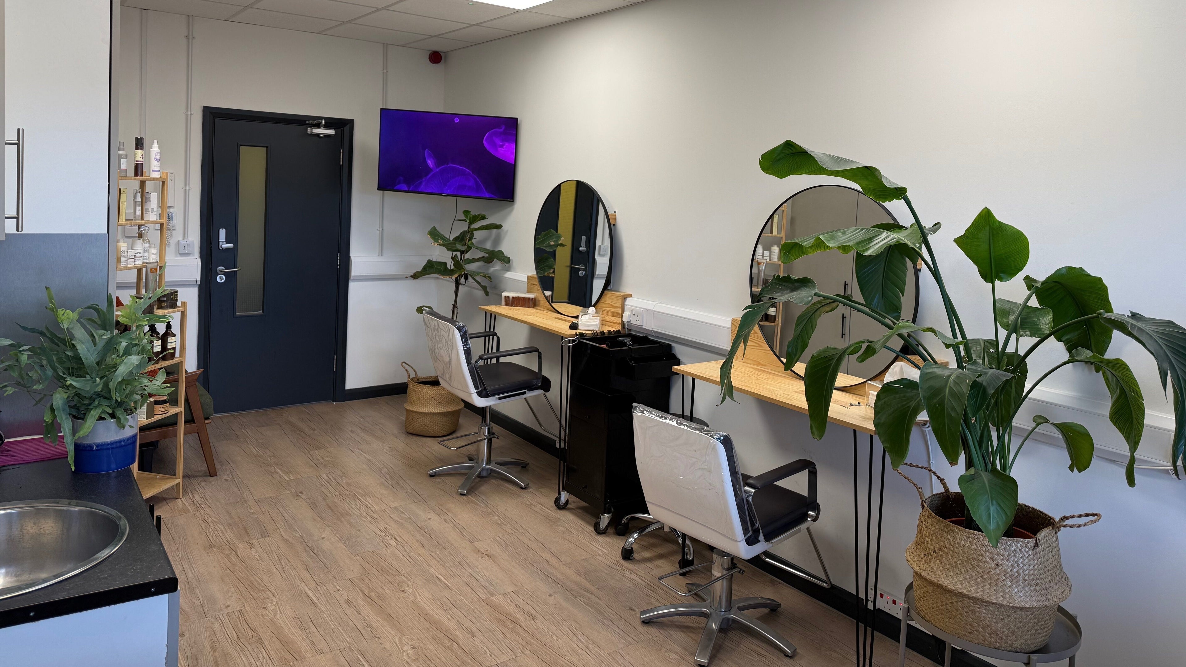 Modern hair salon at PhedeliaRose, London, England, GB featuring stylish chairs and lush greenery.