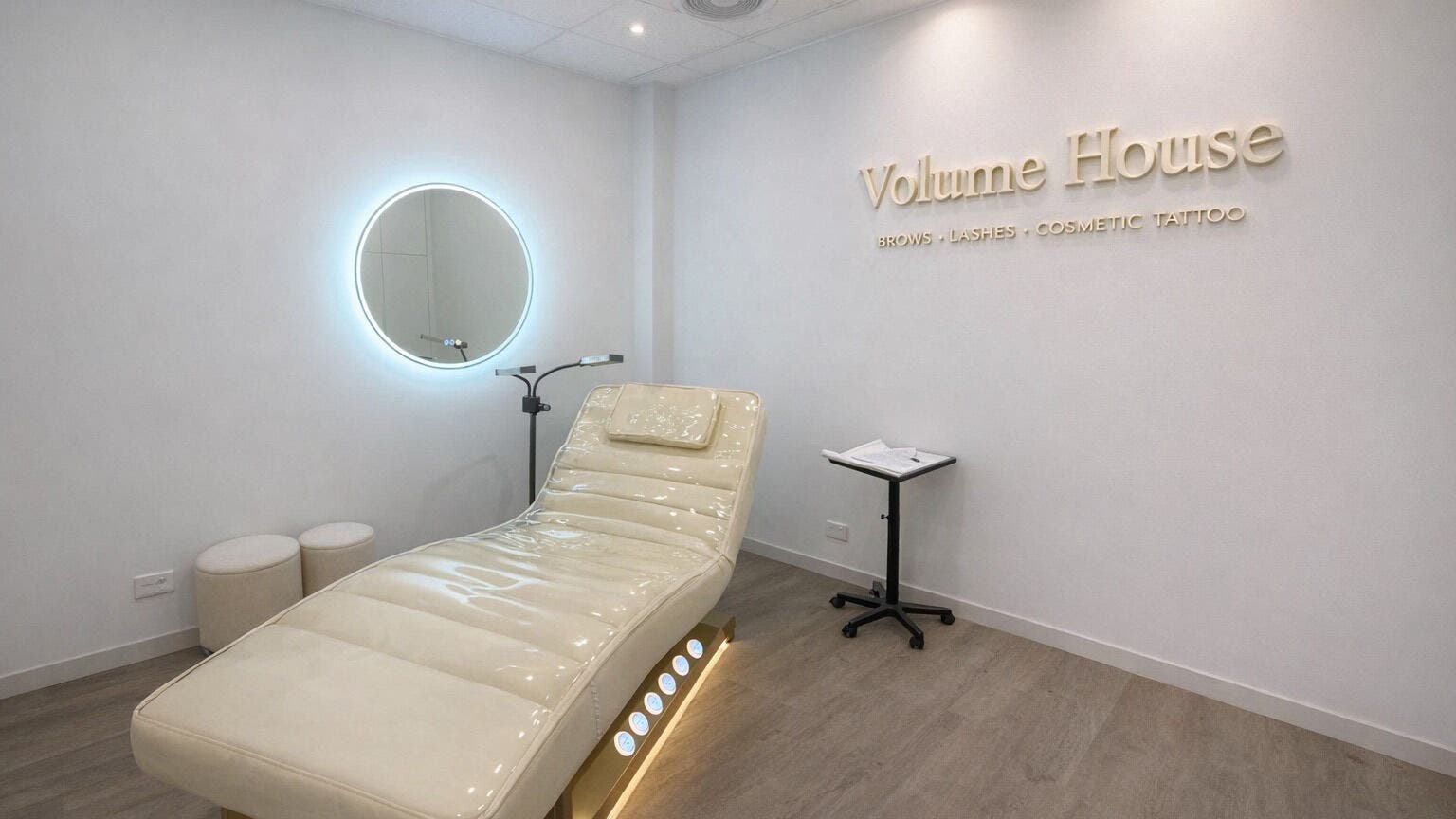 Volume House Brows & Lashes treatment room in Melbourne, Victoria, AU with modern decor and relaxing ambiance.