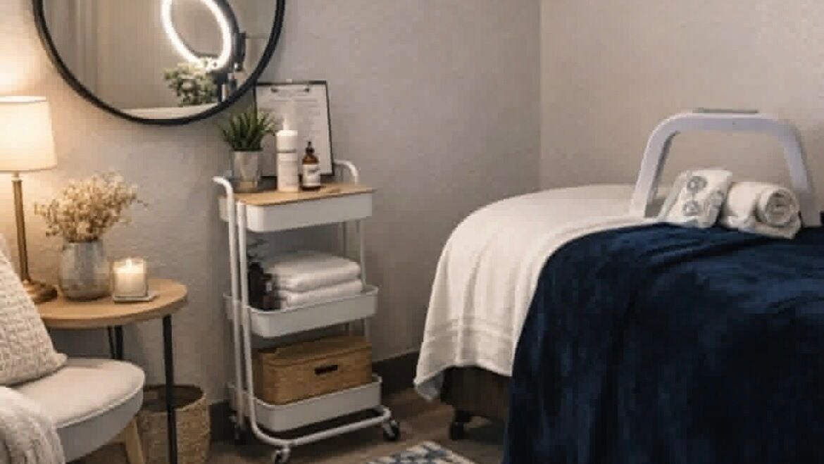 Cozy treatment room at Luxe Beauty by Kaela, Longwood, Florida, US, featuring elegant decor and soothing ambiance.