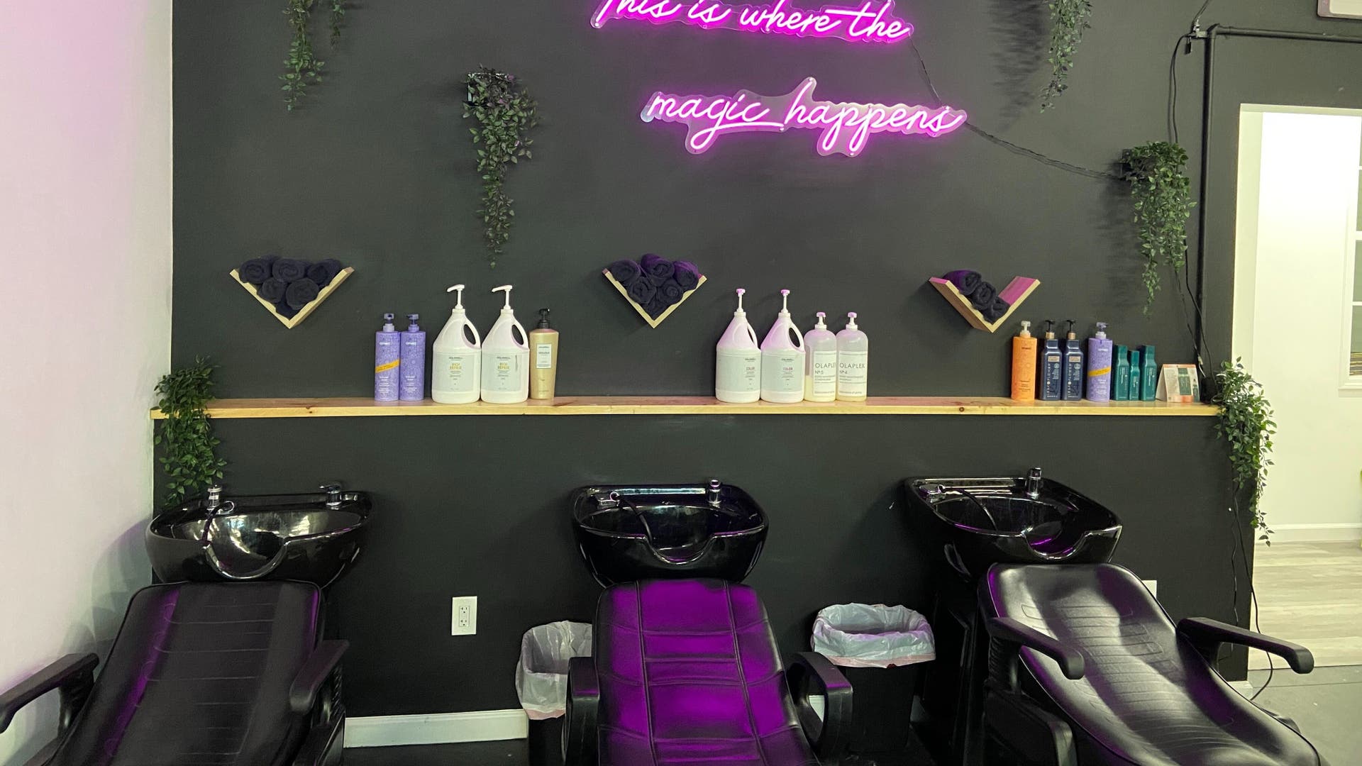 Hair washing area at Elle Salon and Spa, South Glens Falls, New York, US. Neon sign and luxurious chairs.
