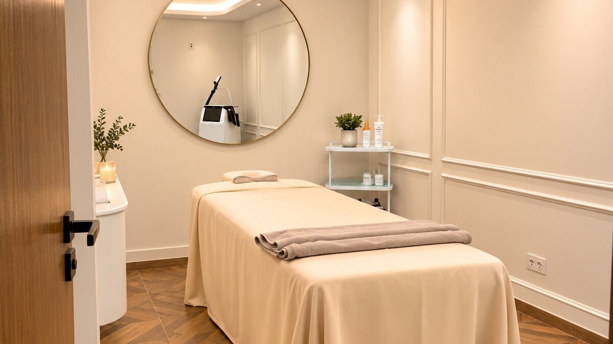 Relaxing therapy room at Esthecare Tanger in Tanger, Tanger-tétouan-al Hoceima, MA with a massage table and mirror.