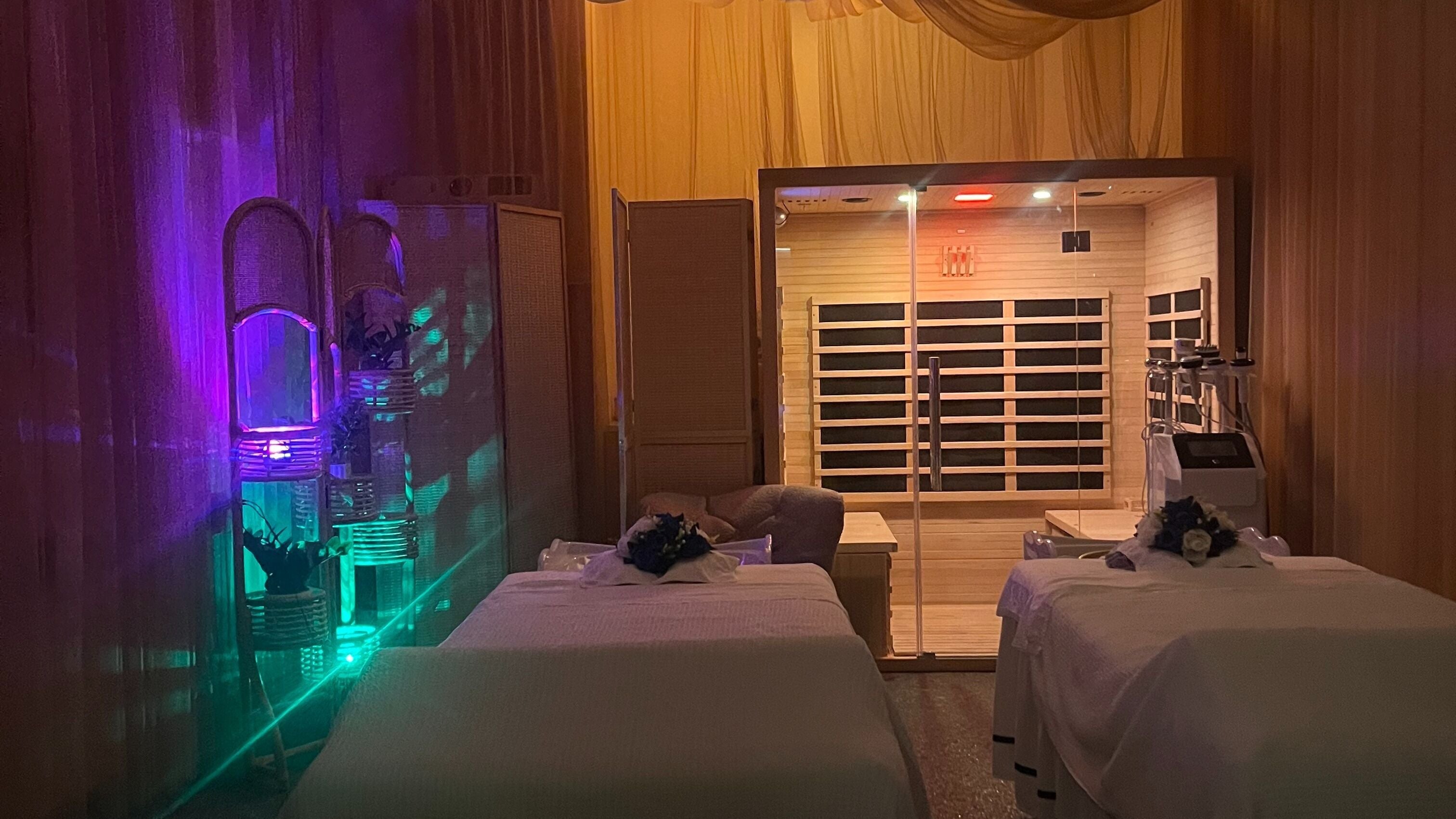 Luxurious spa interior with ambient lighting at Elegant Scalp Spa, South Pasadena, California, US.