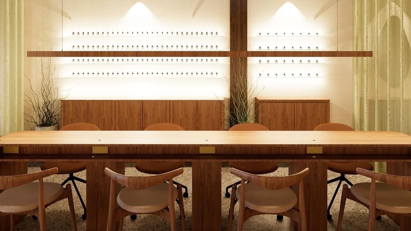 Spacious nail bar at SolBeauty Studio Newstead, Newstead, Queensland, AU with elegant wooden decor and soft lighting.