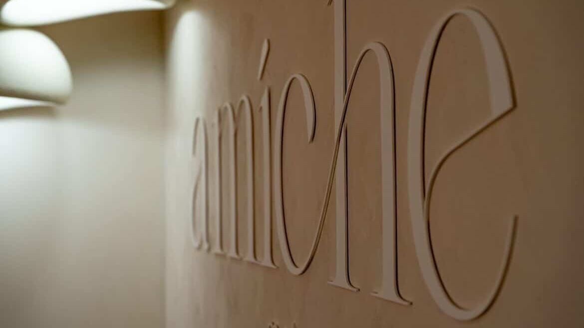 Elegant wall signage at Amiche Makeup & Beauty, Ipswich, Queensland, AU.