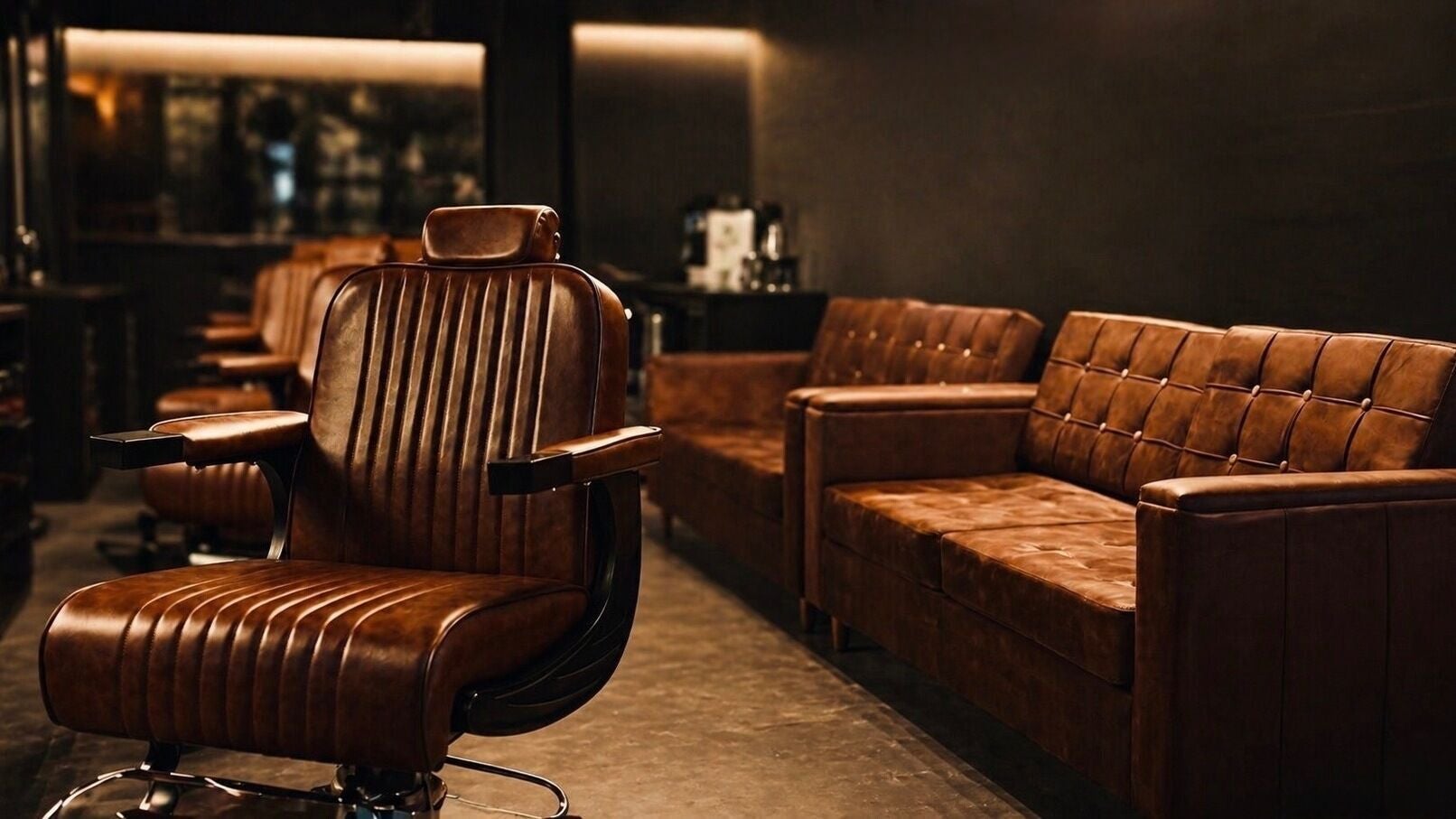 Luxurious leather barber chairs and cozy seating at Brocave Groomers, Dubai, Dubai, AE.