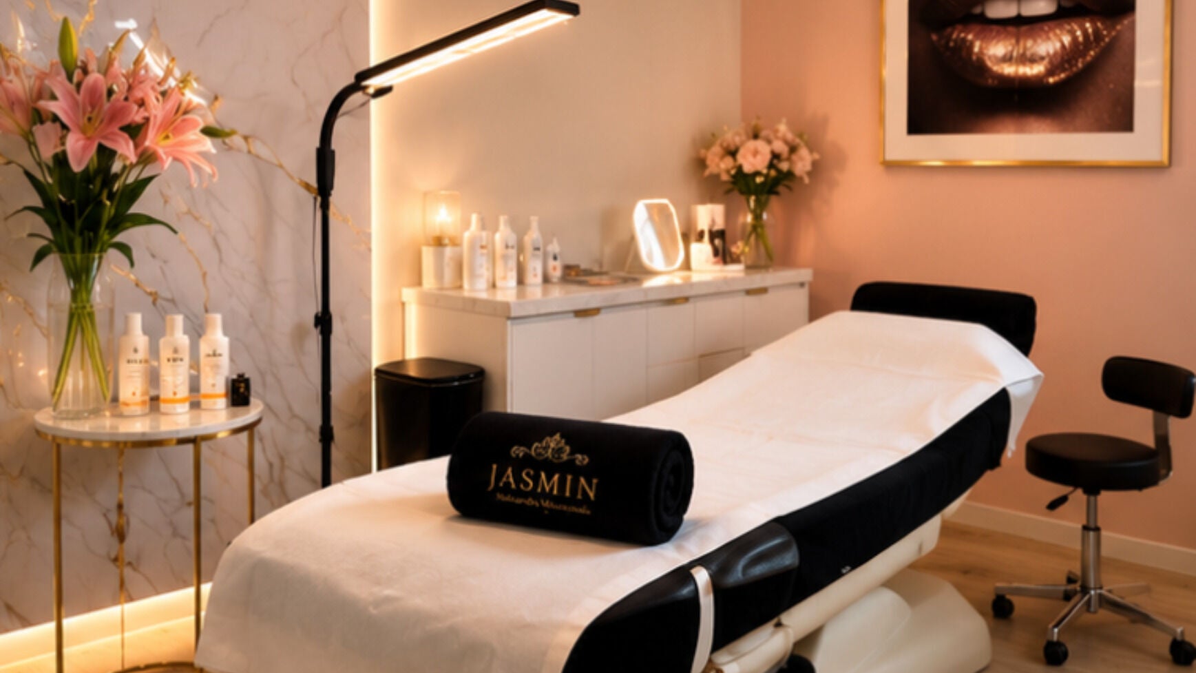 Stylowy gabinet zabiegowy w JASMIN Esthetic, Płock, Województwo Mazowieckie, PL z luksusowym łóżkiem i dekoracjami.