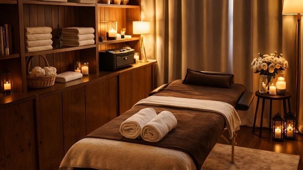Sala de masaje en The Studio Massage Roma Sur CDMX, con decoración cálida y velas, Ciudad De México, MX.